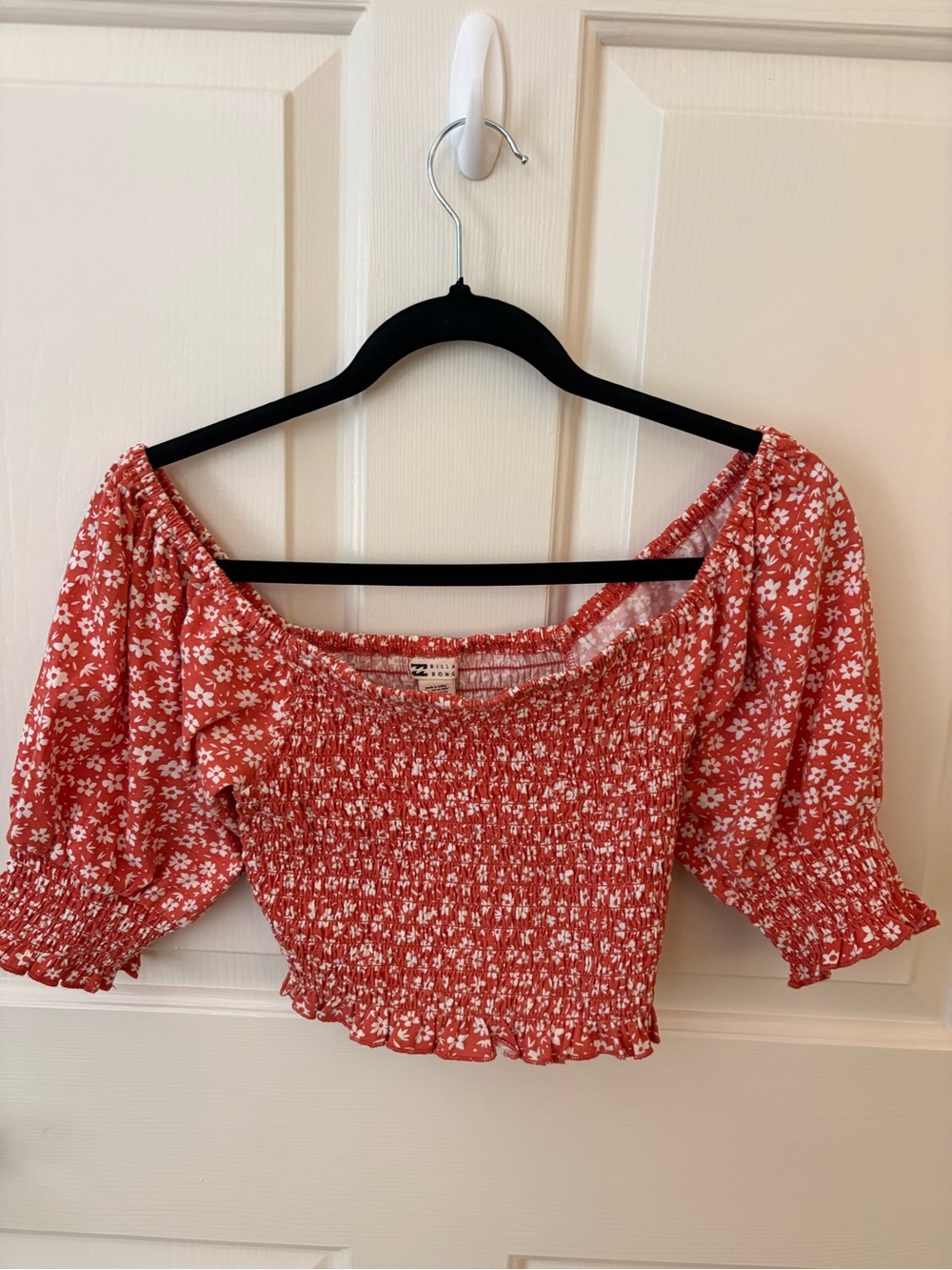 Billabong Red Floral Smocked Off-Shoulder Crop Top